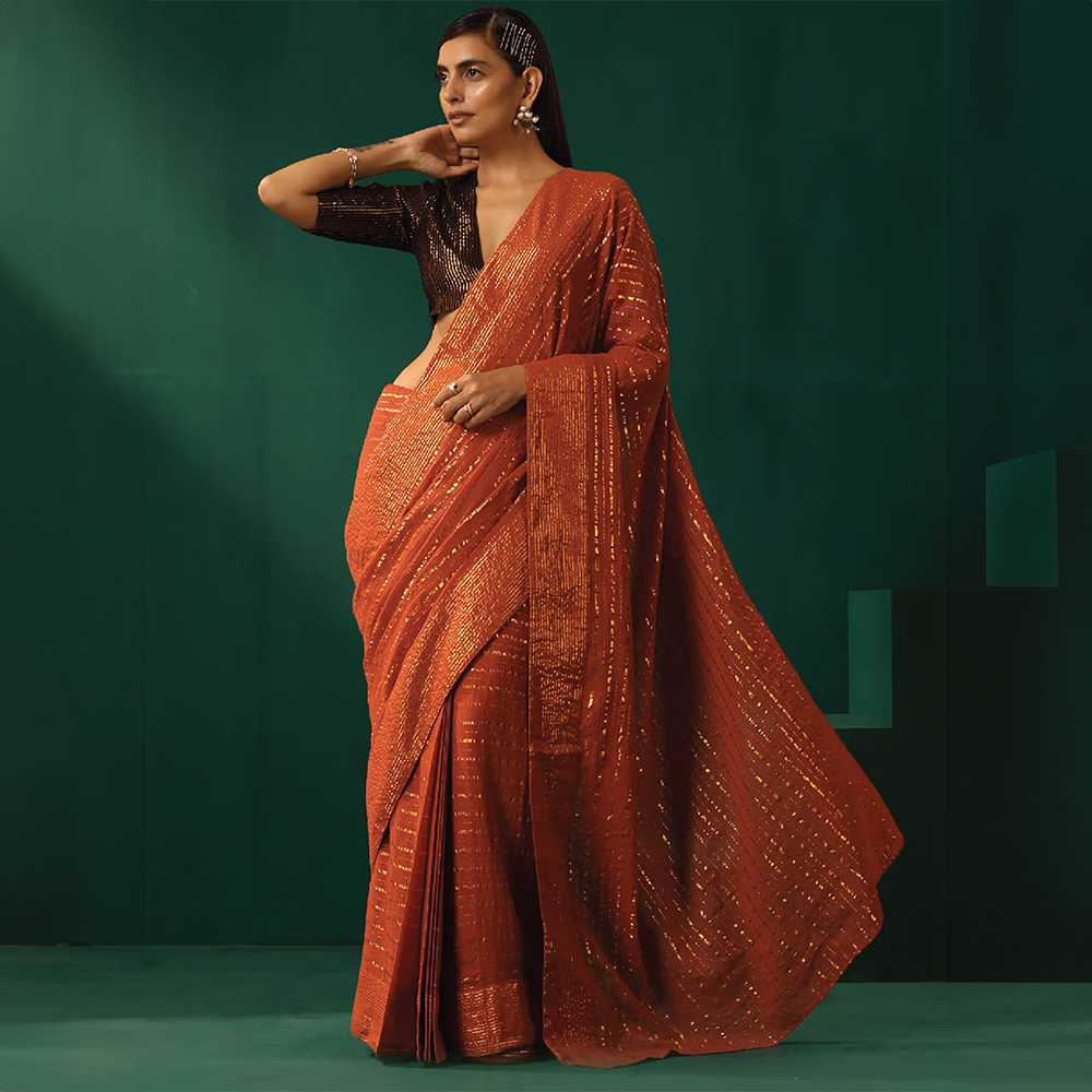 trueBrowns Rust Cotton Gold Lurex Striped Pre-Stitched Saree without Blouse