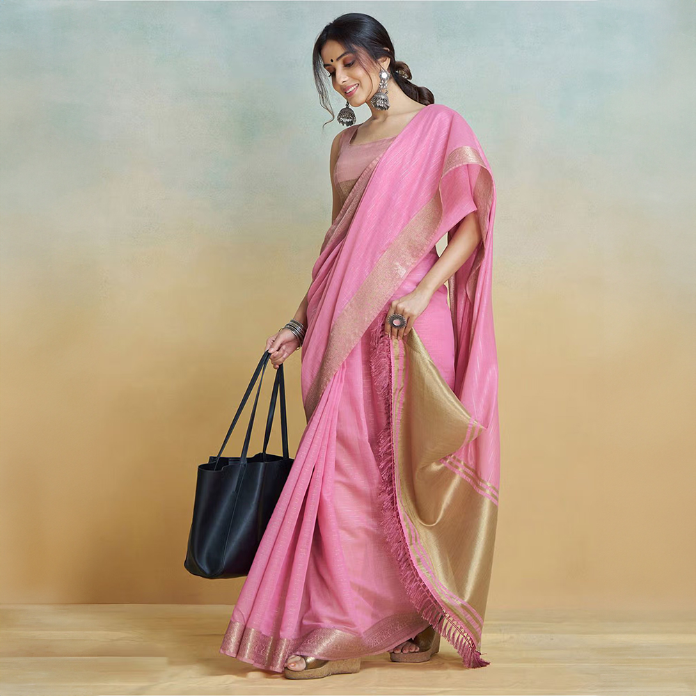 Akhilam Women Pink Cotton Blend Saree with Unstitched Blouse