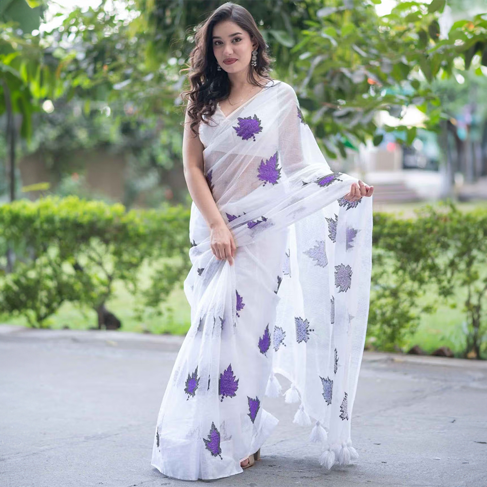 The Raksha Store Violet Leaf - White Kota Doria Saree with Unstitched Blouse
