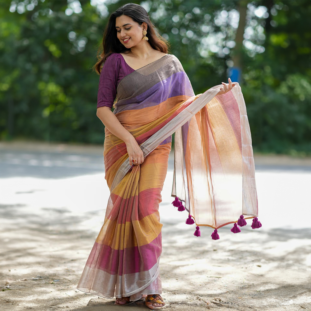I LOVE SAREES Multicolor Tissue Cotton Saree Without Blouse