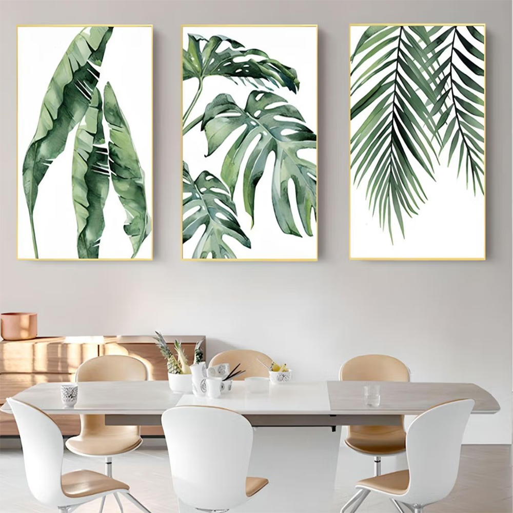 The Handmade Flair Green & Off White Tropical Leaves Canvas Painting Wall Art