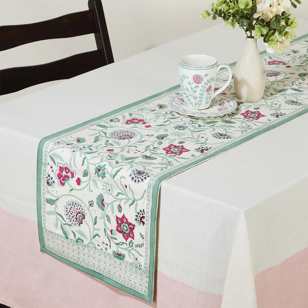 Fabindia Green Cotton Hand Block Printed Gulbagh Runner