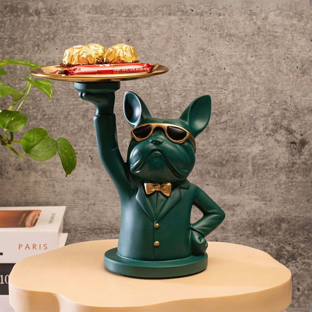 Smokey Cocktail Cute Bulldog Statue Figurines, Green
