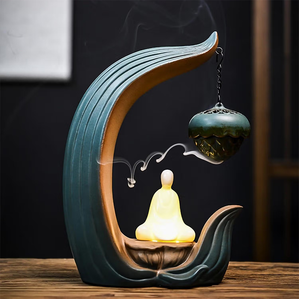 Ekhasa Ceramic Dhoop Dani Burner for Home, Buddha Dhup Kapoor Dani with LED Light