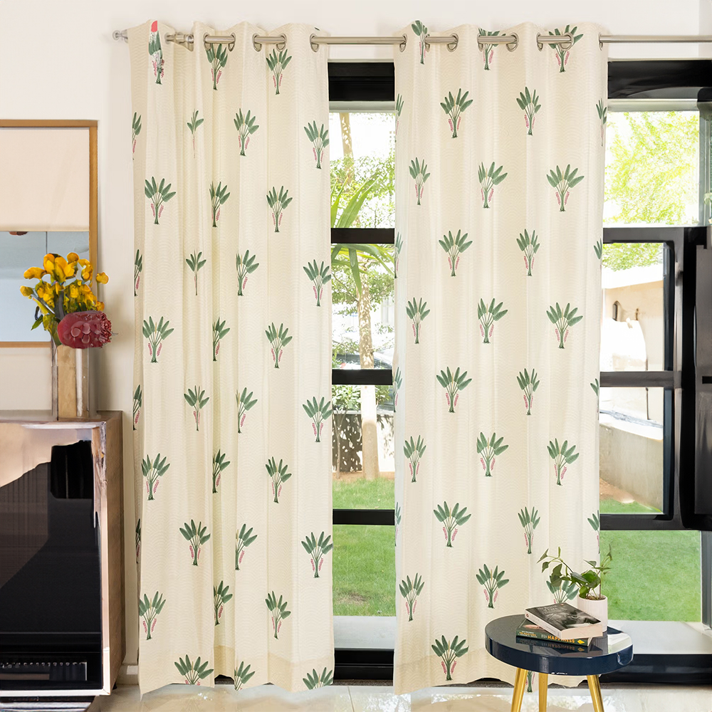 Urban Space Cotton Window Curtains with Eyelets & Tieback Palm Lagoon Green