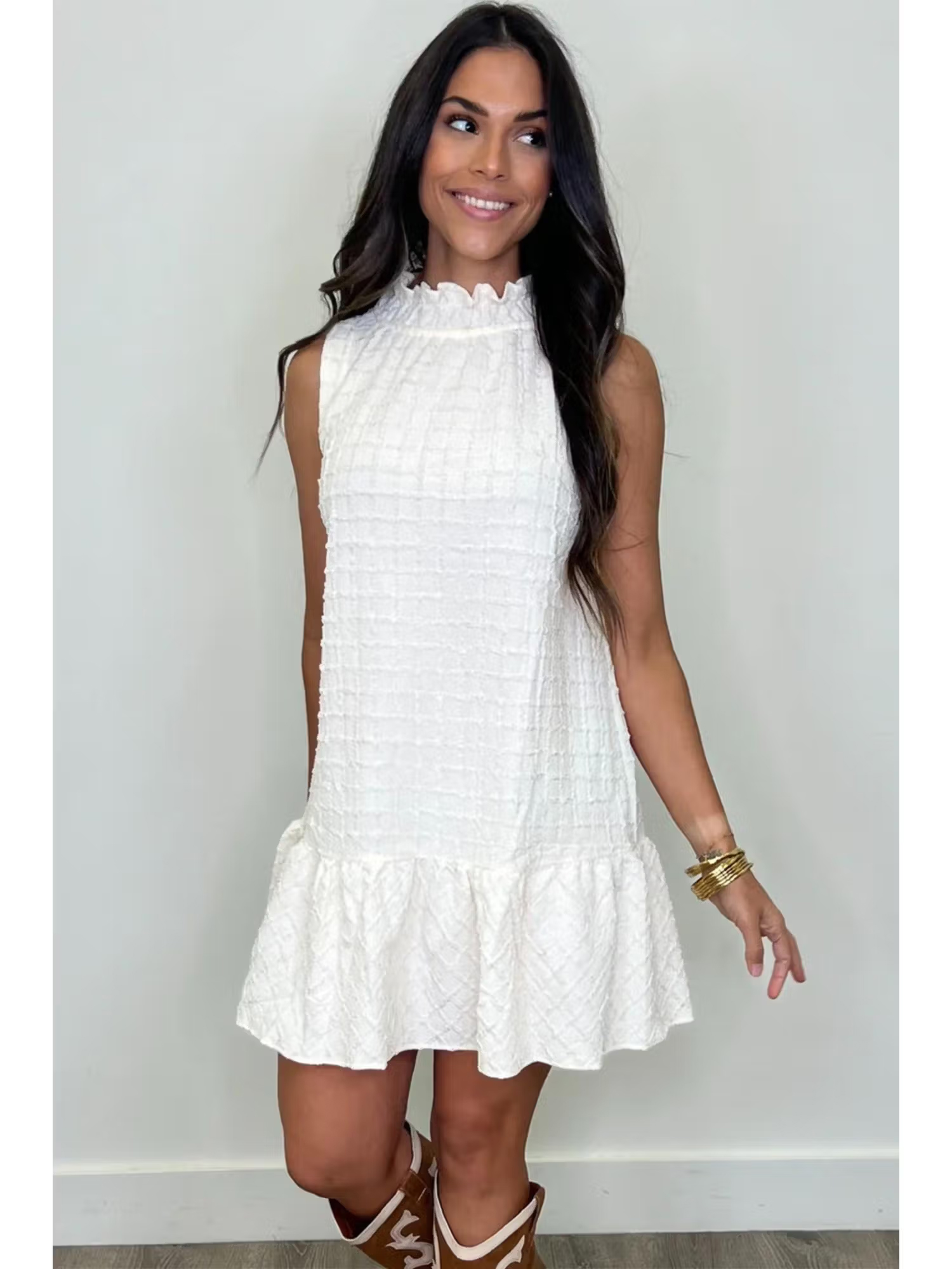 PARTIQ White Textured Frilled High Neck Sleeveless Ruffled Mini Dress