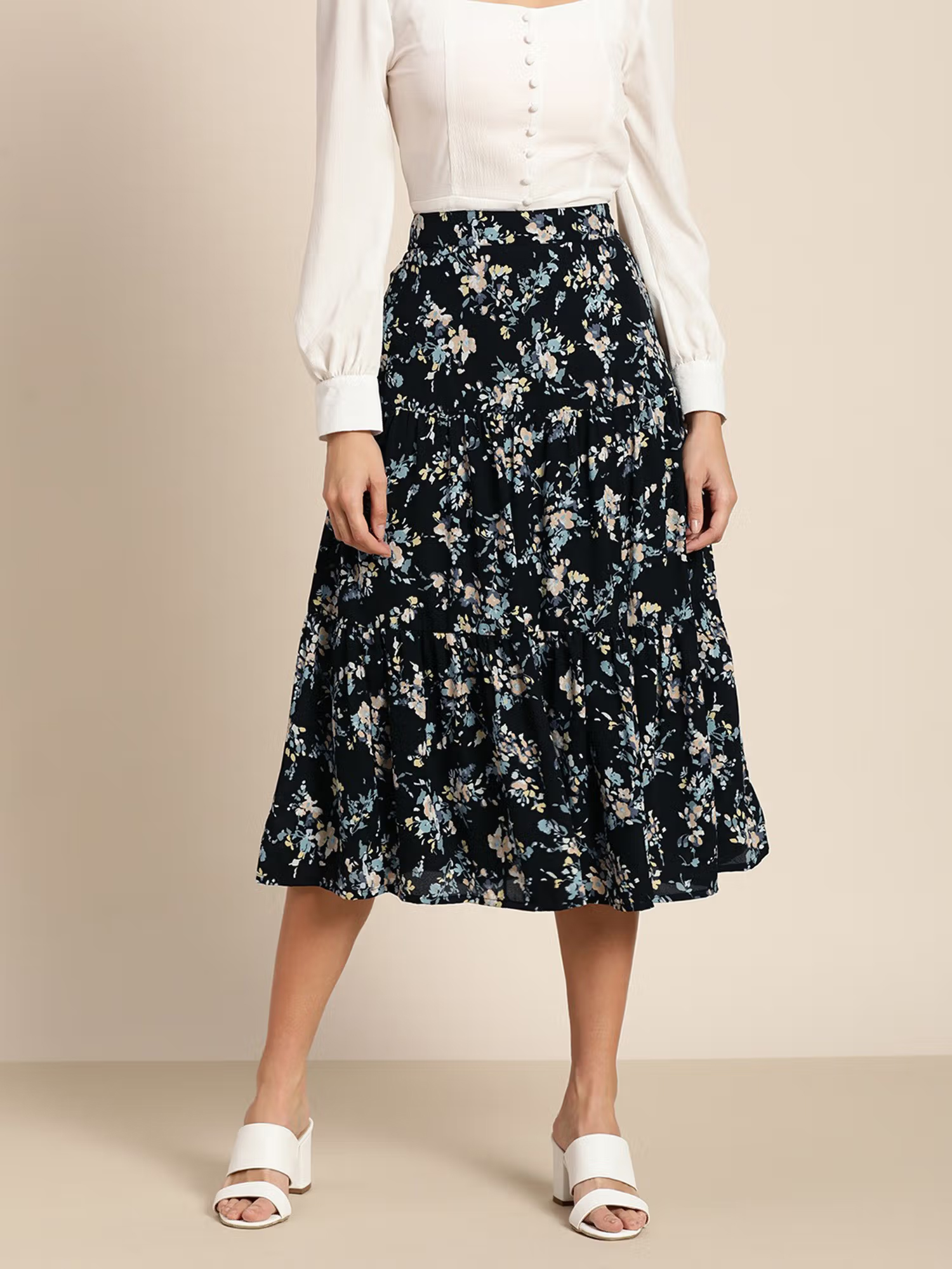 Marie Claire Women Casual Black Printed Midi Skirt