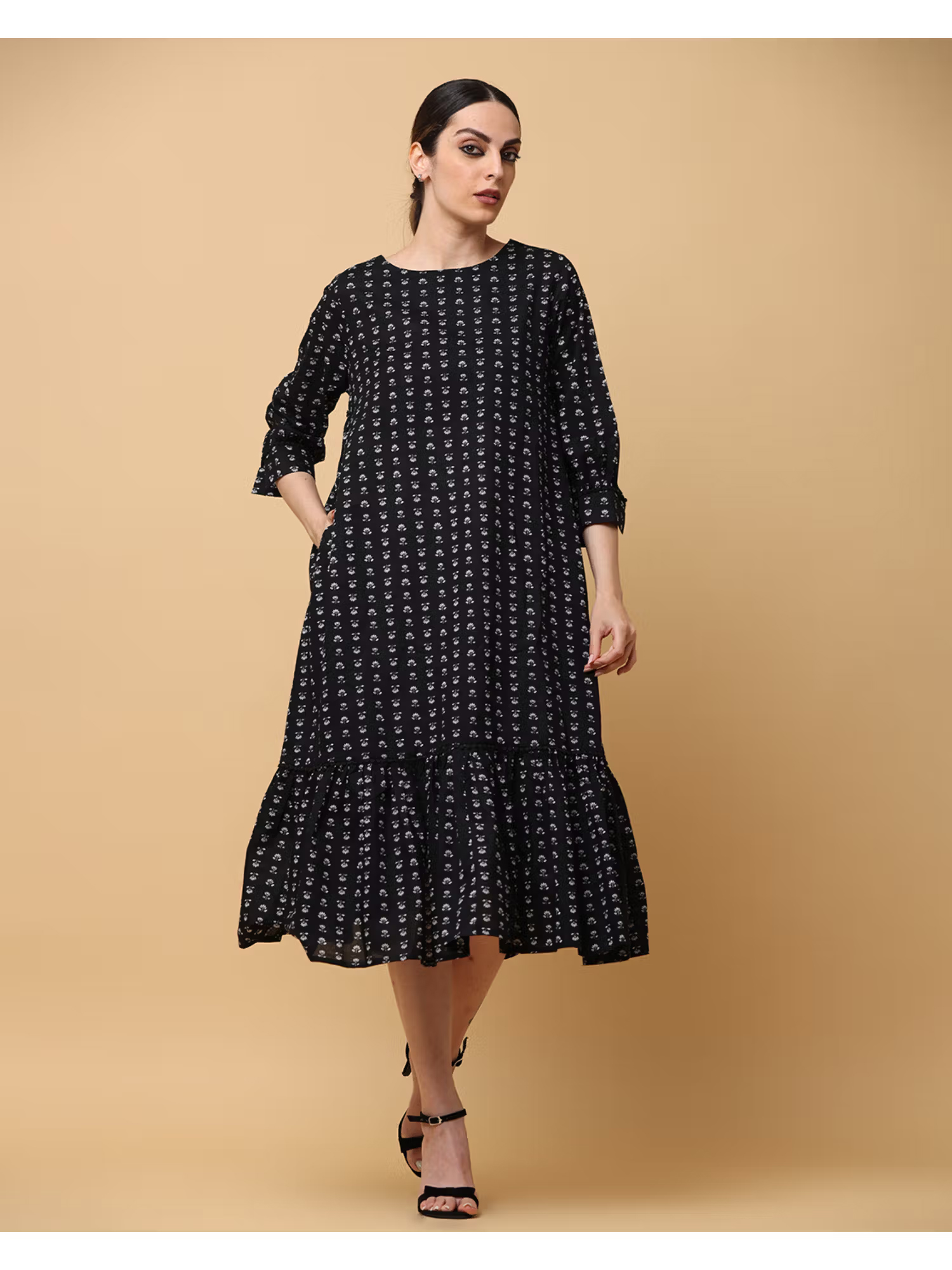 Black & Blah Blah Relaxed Fit Floral Printed Tiered Pure Cotton Monochrome Midi Dress