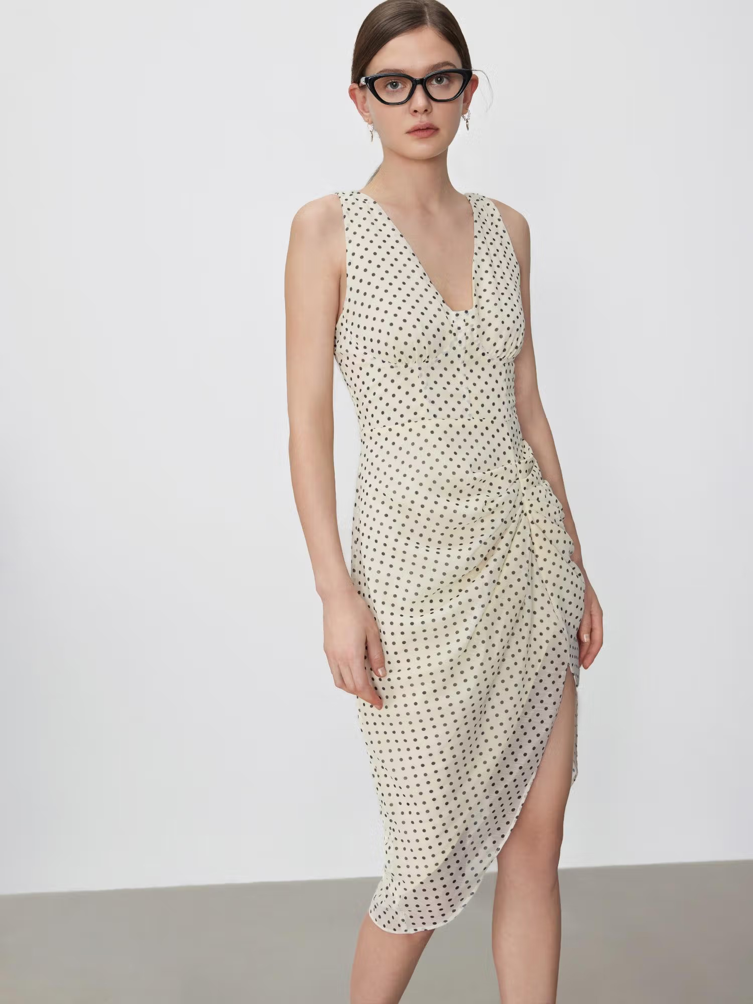Cider Beige Polka Dots Asymmetrical Hem Spot Midi Dress
