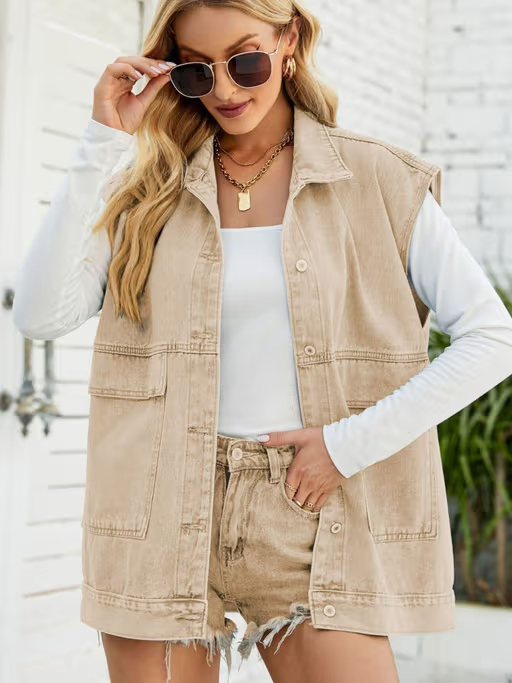Oh Rare Women Khaki Washed Spread Collar Sleeveless Straight Denim Vest Jacket (L)