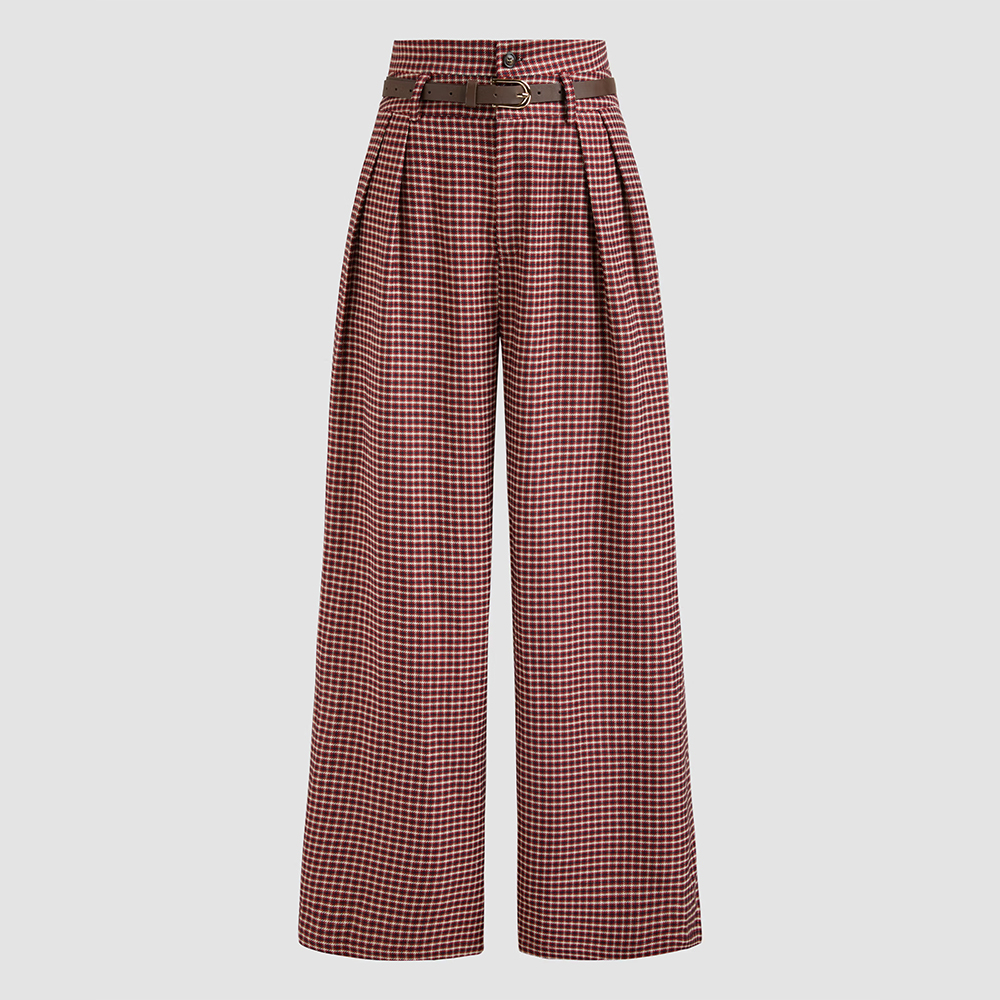 Cider Houndstooth High Waist Belted Wide Leg Trousers