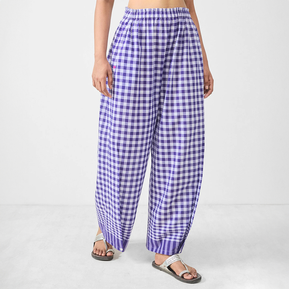 Wide Paper Bag Trousers - Purple & White Checks