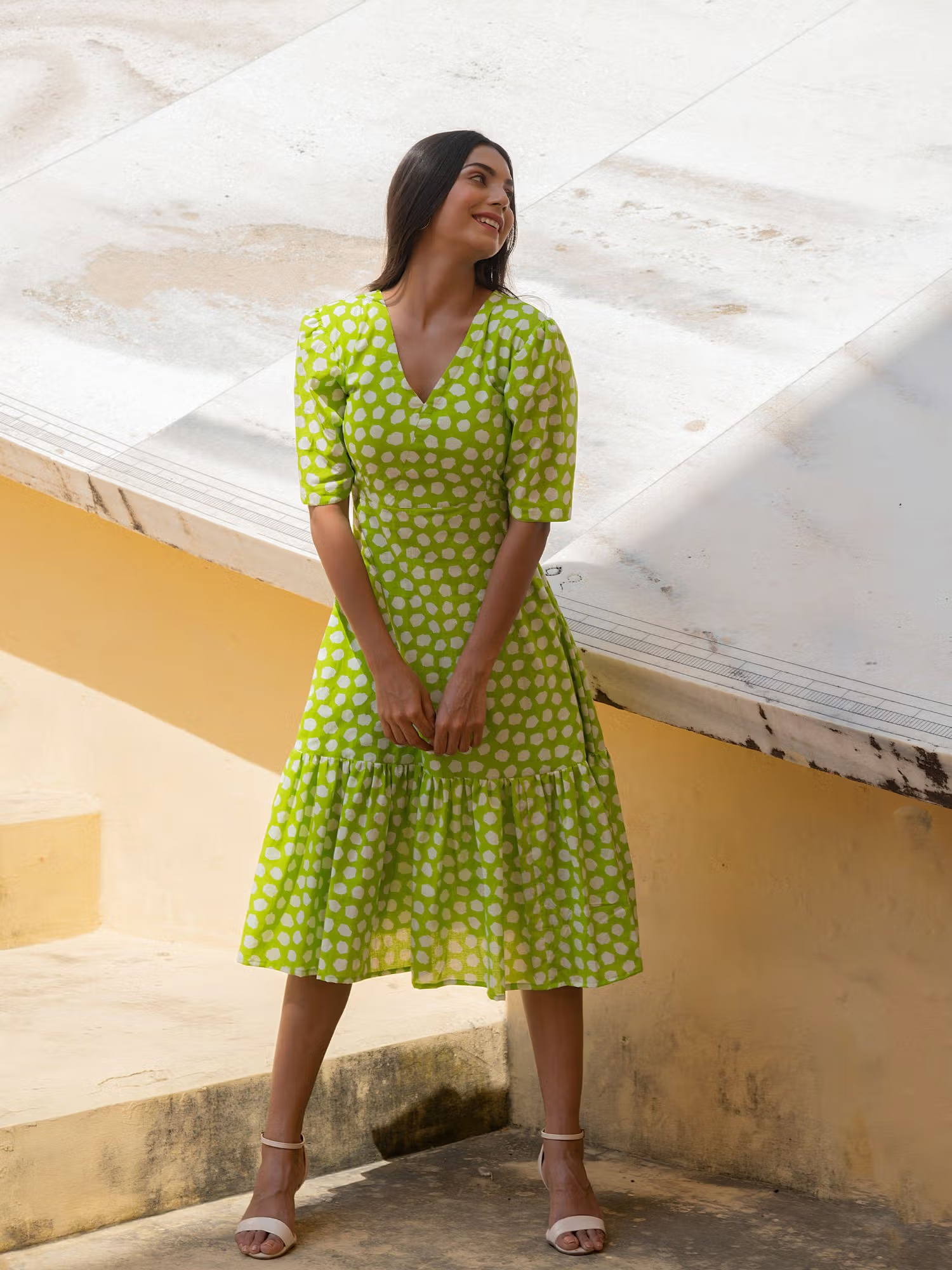 Kaori By Shreya Lime Green Polka Shoulder Gathered Sleeve Dress