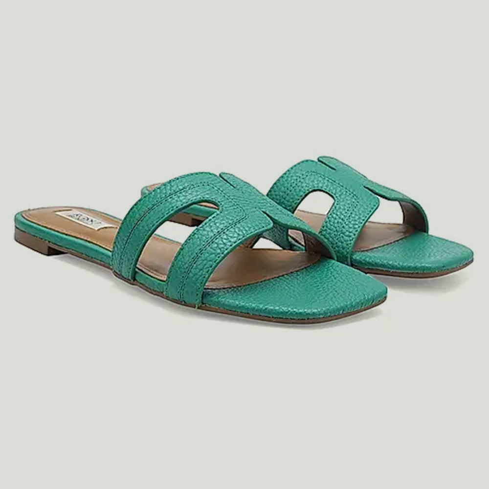 Green Textured Leather Sliders