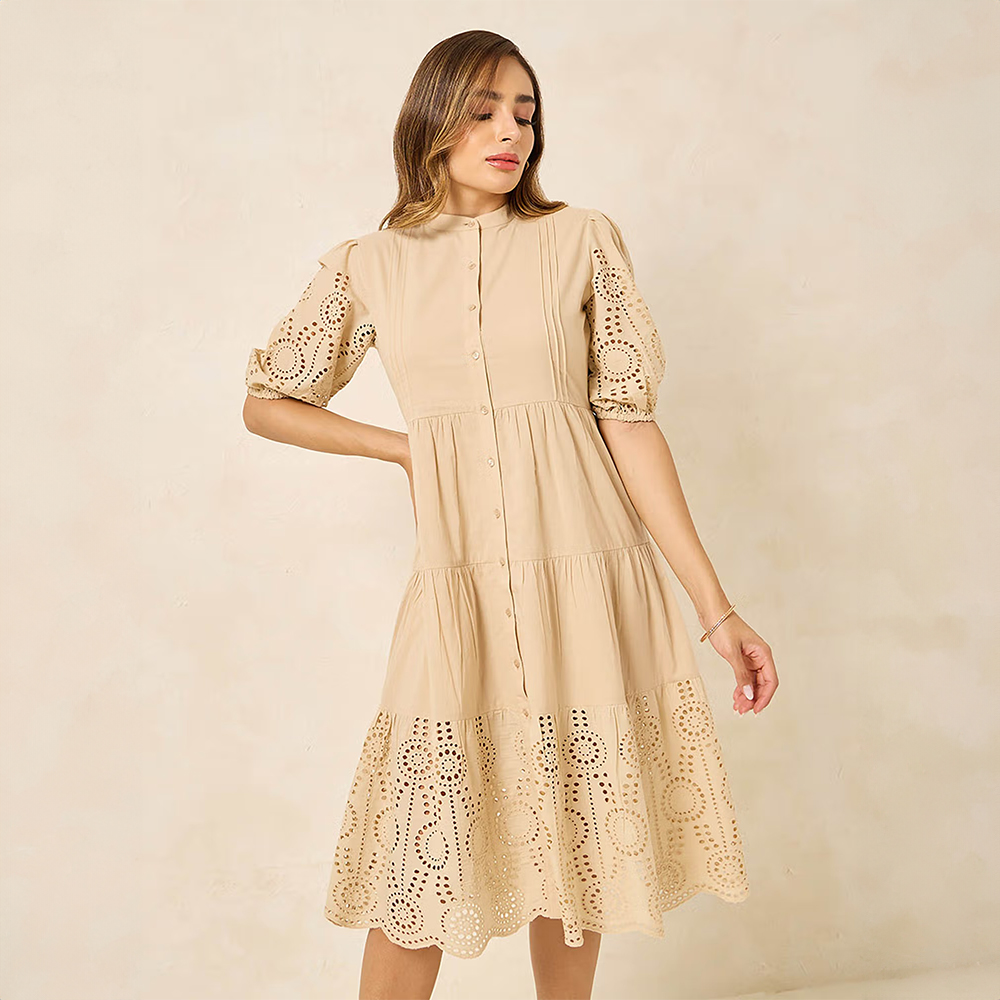 Styli Womens Beige A-Line Self Design Tiered Midi Cotton Dress