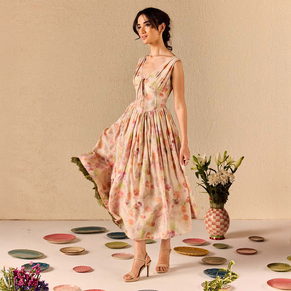 Old Marigold Alba Multi-Color Muslin Floral Corset Midi Dress