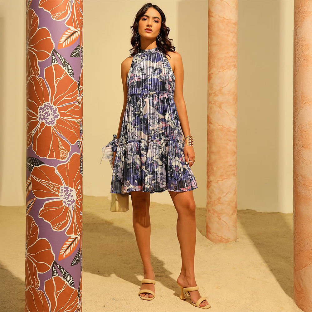Sewtable Clothing Abstract Floral Poly Lurex Short Dress