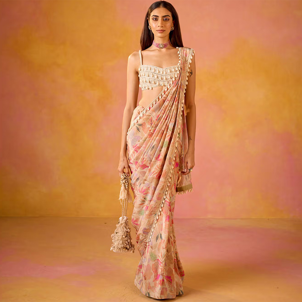 Old Marigold Leher Pink Crepe Saree with Stitched Blouse