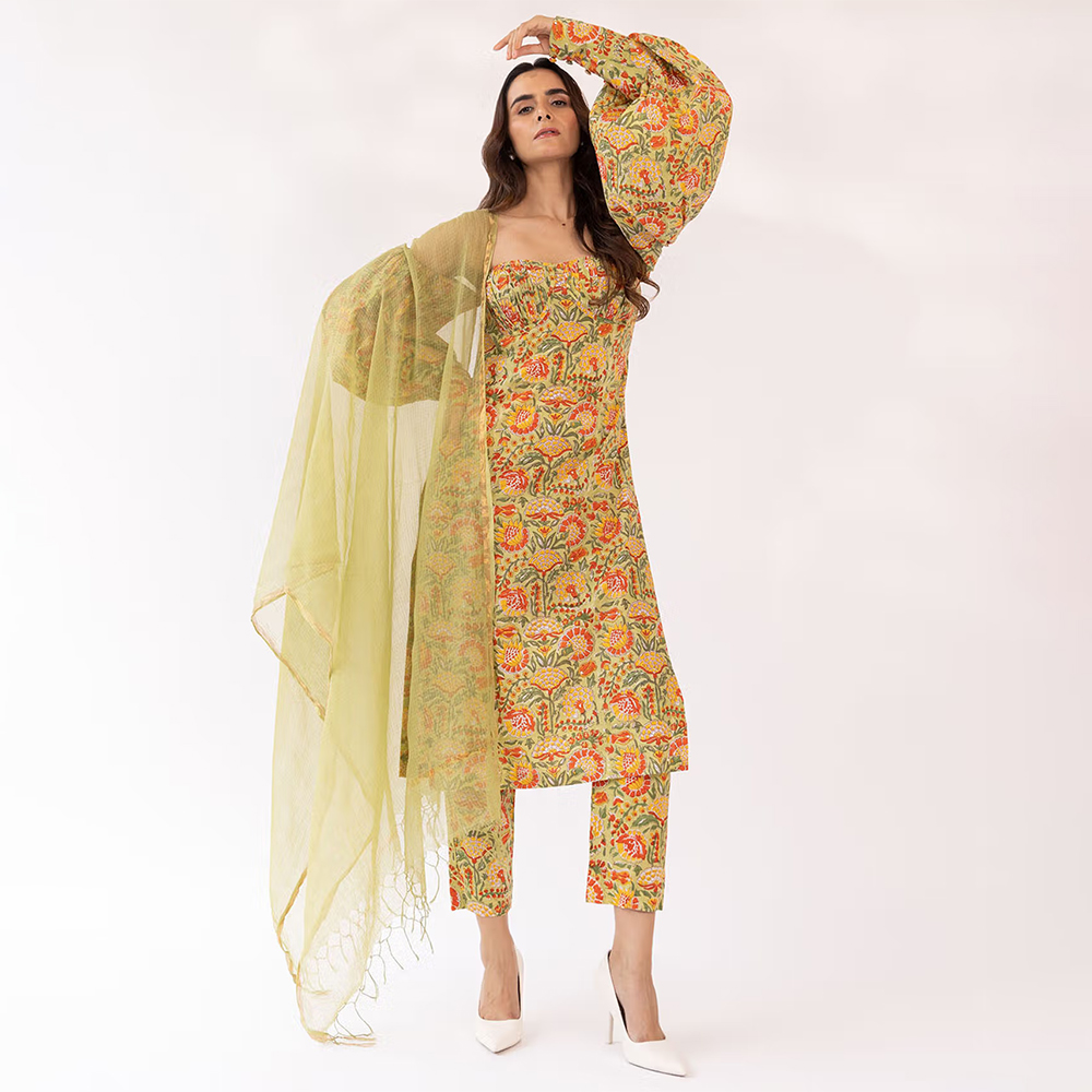 SHAAKHA Mustard Floral Balloon Sleeve Strapless Tube Kurta With Pant & Dupatta (Set of 3)