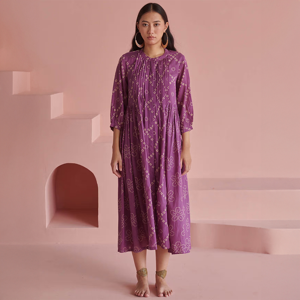 Prakriti Jaipur Purple Bandhej Pleated Dress