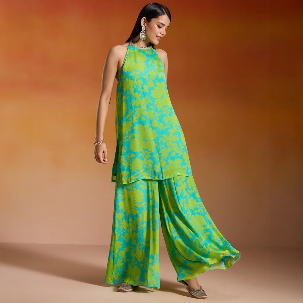 Gajra Gang Lime Chinon Printed Mirror Embellished Kurta & Sharara Summer Sahelis (Set of 2)