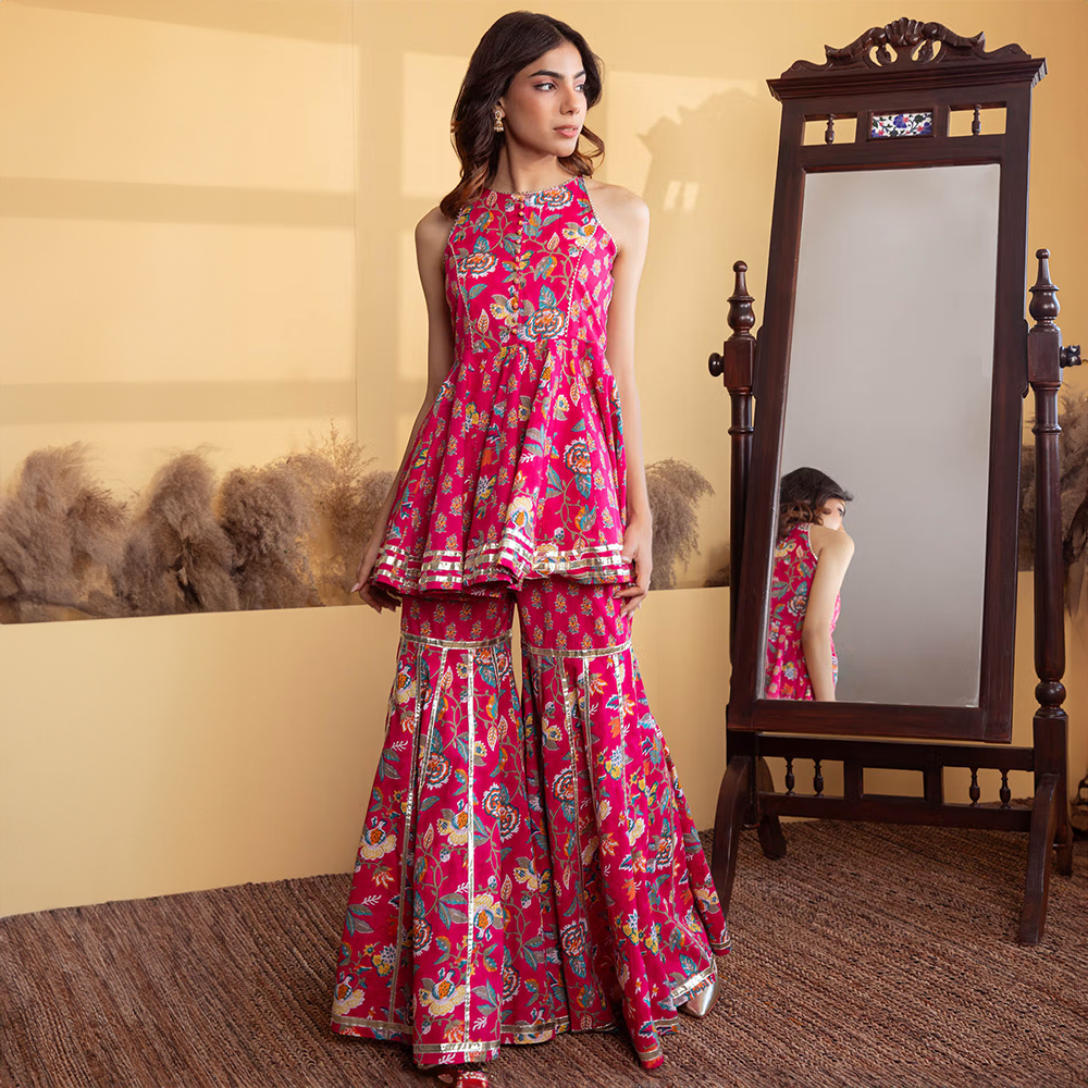 Aadveka Magenta Jaipuri Printed Cotton Kurta with Sharara and Dupatta (Set of 3)