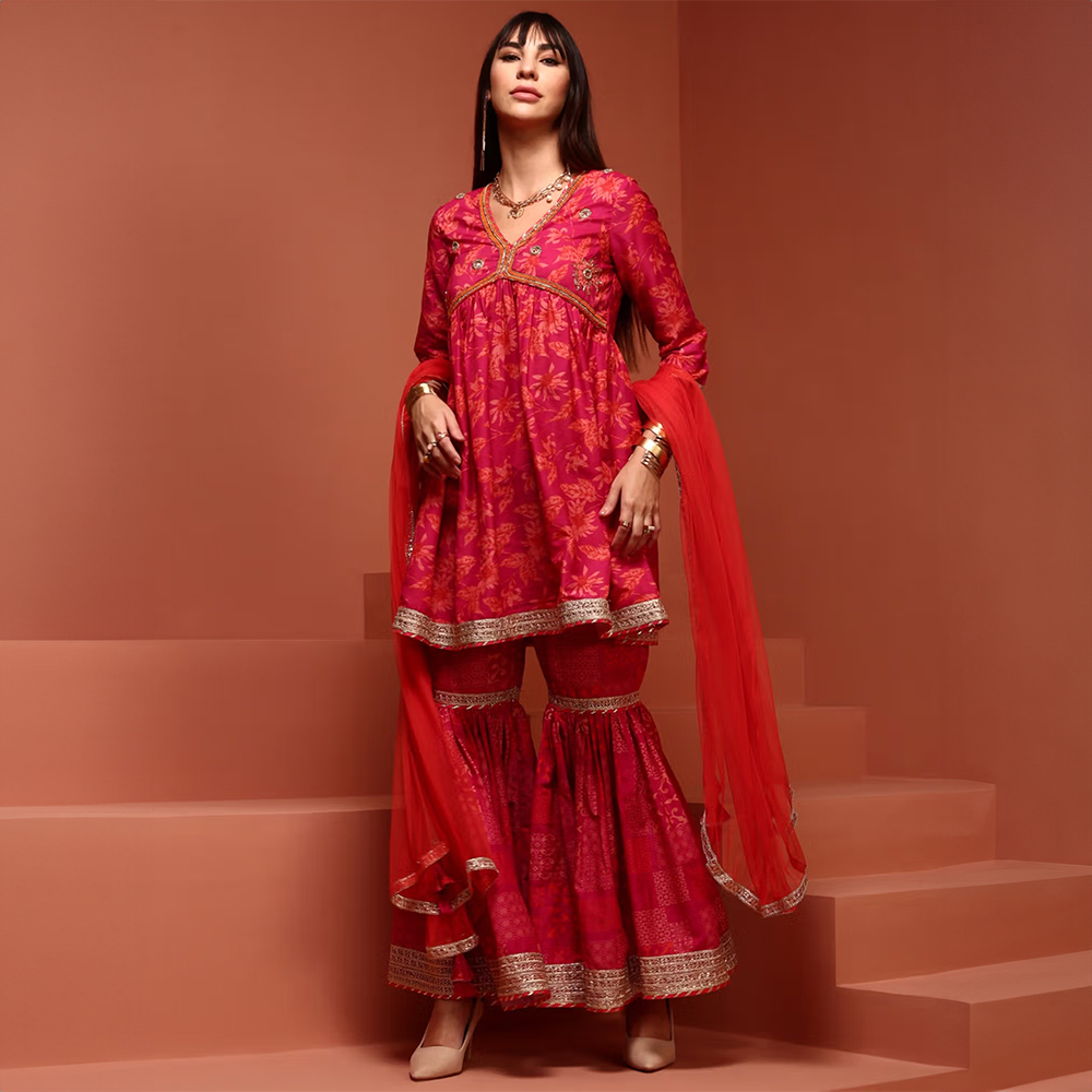 Imara Pink Floral Printed Gathered Sharara (Set of 3)