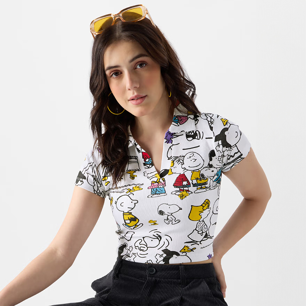 Official Peanuts: Playtime Women Cropped Polo T-Shirt