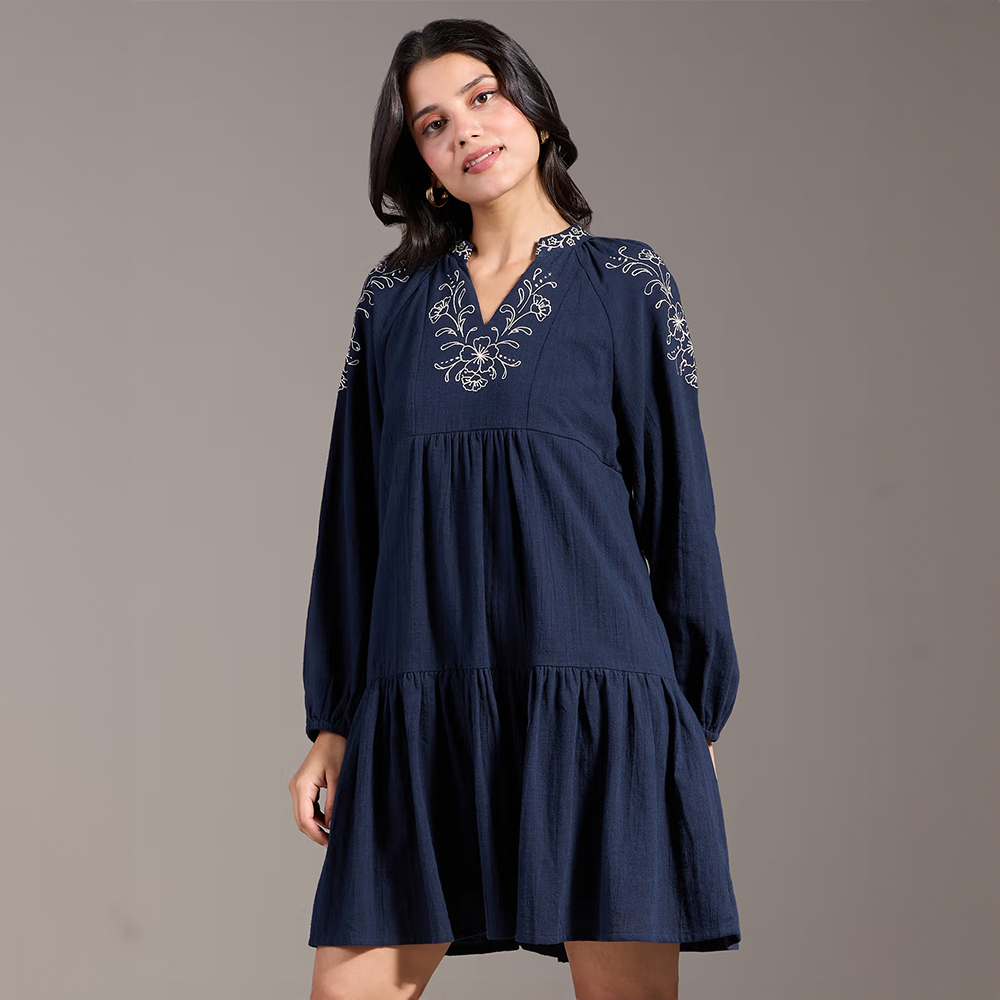 Navy Blue Embroidered Raglan Sleeves Mini Dress