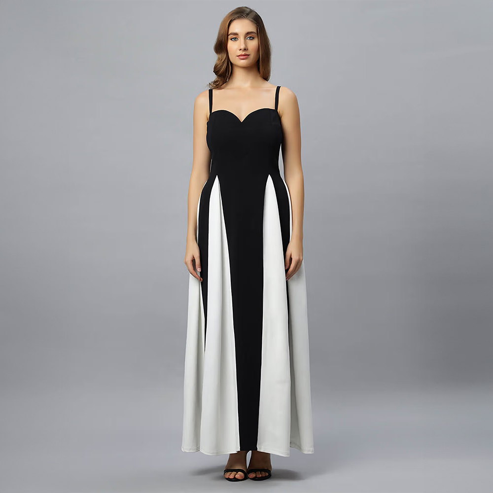 Black & White Monochrome Godet Panel Maxi Dress