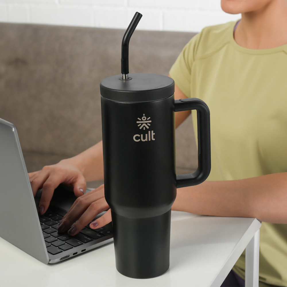 Cult Tumbler 1200ML Steel Straw with Straw Cap and Cleaner Unisex Black