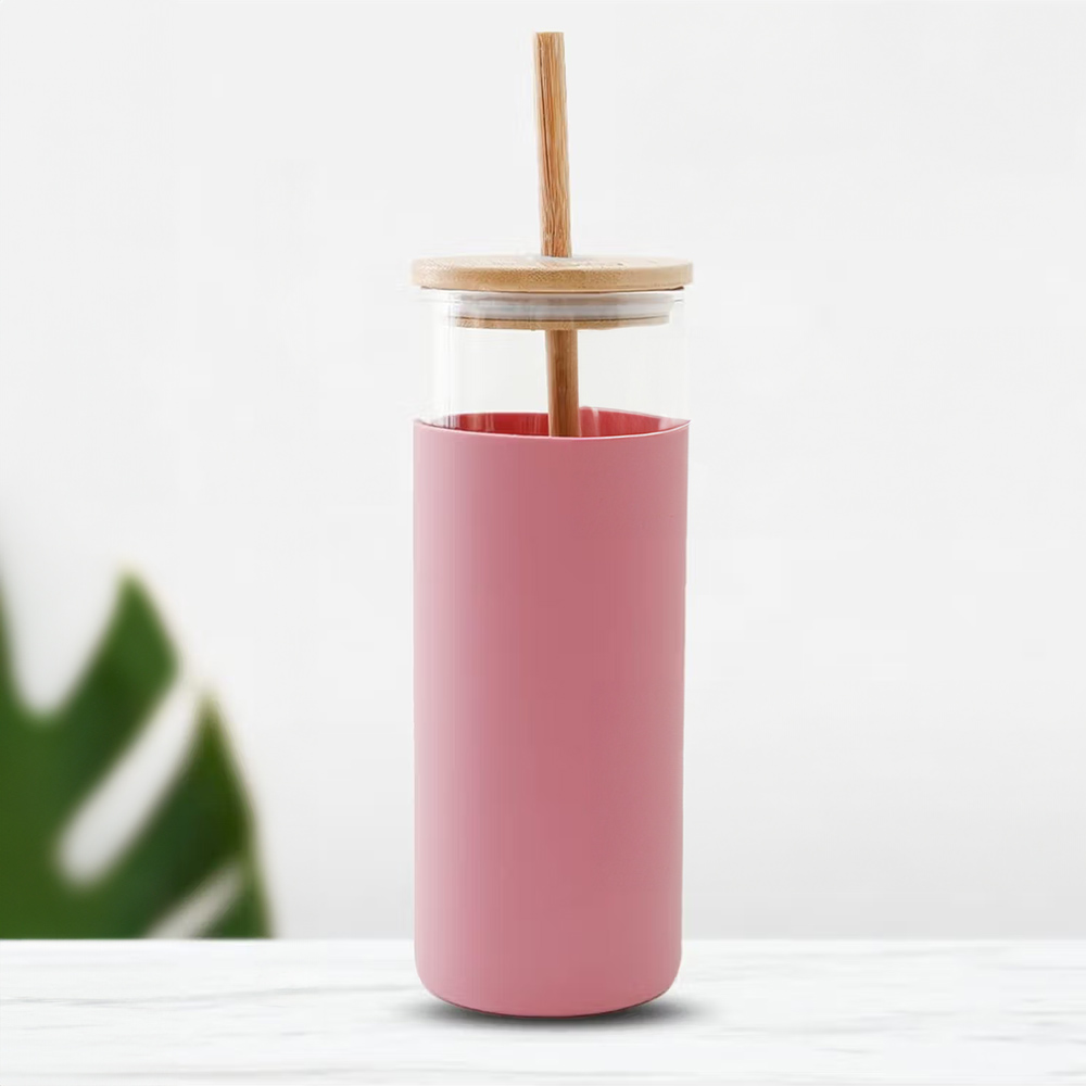 The Better Home 450ml Borosilicate Tumbler with Sleeve And Bamboo Lid Straw