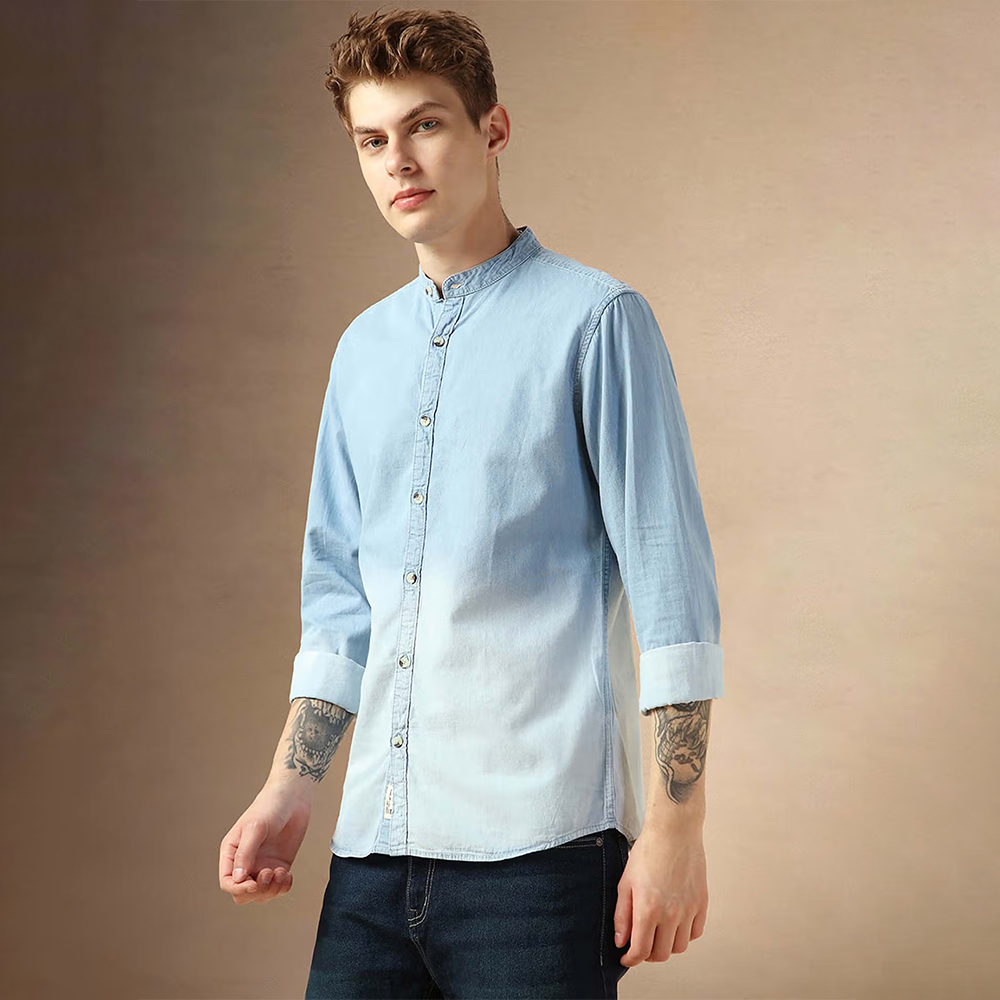 Dennis Lingo Men Blue Modern Regular Fit Faded Casual Chambray Shirt