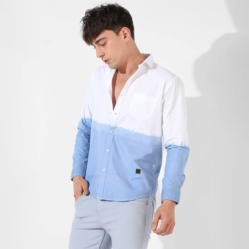 Campus Sutra Men White Colourblockeded Button Up Collared Shirt for Casual Wear
