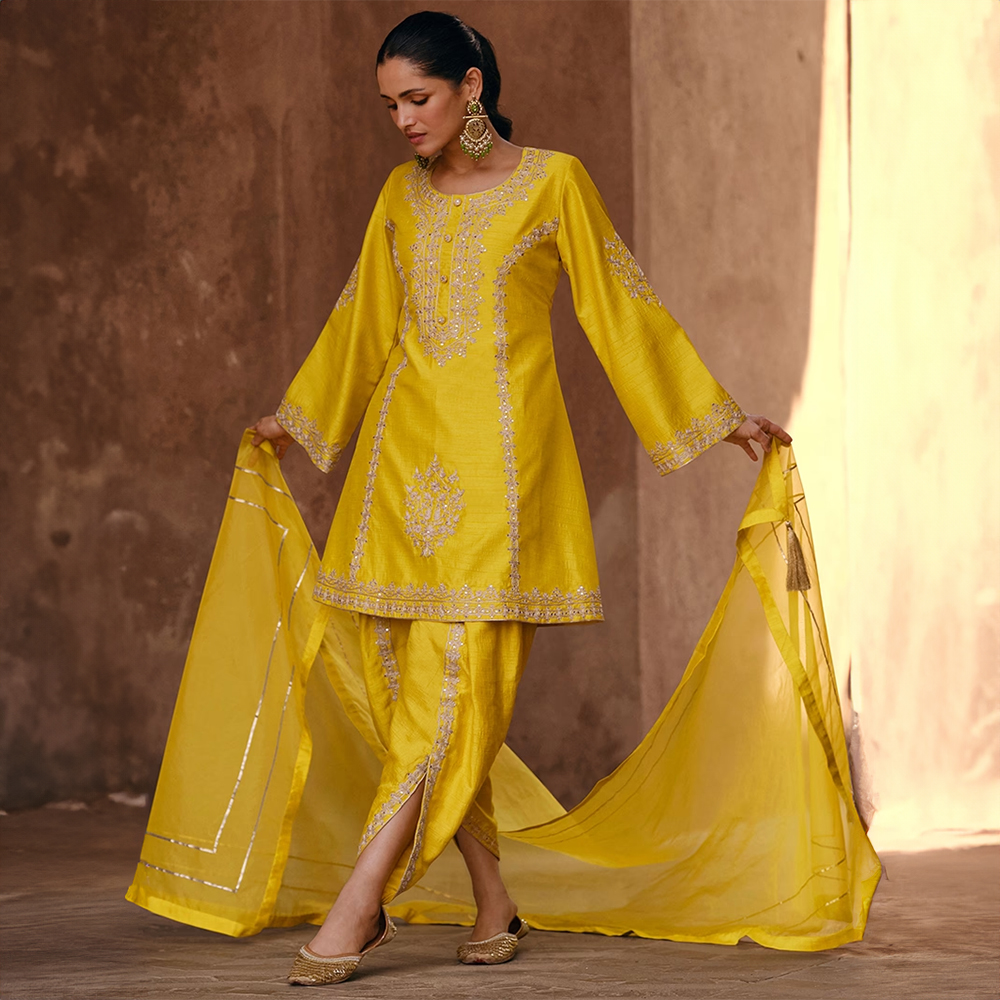 Indya Yellow Sequin Embroidered Chinon Silk Kurta Set