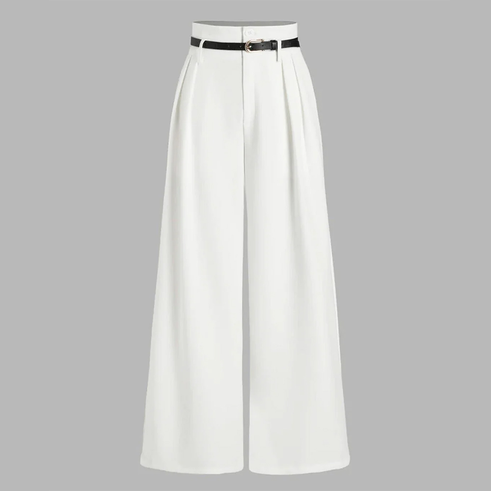 White Pleated Pants With Belt