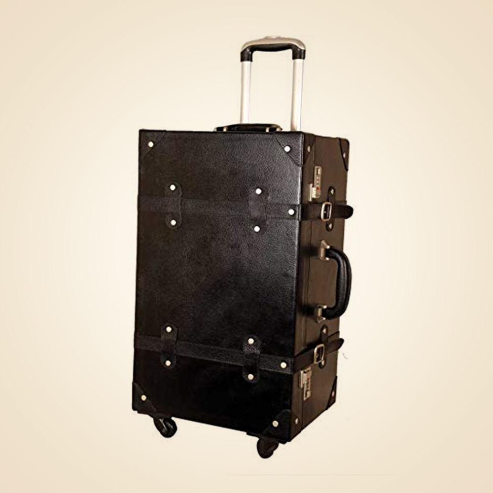 C COMFORT Leather Vintage Suitcase Retro Leather Trunk Rolling Spinner Lightweight Luggage.Trolly Bag.Black
