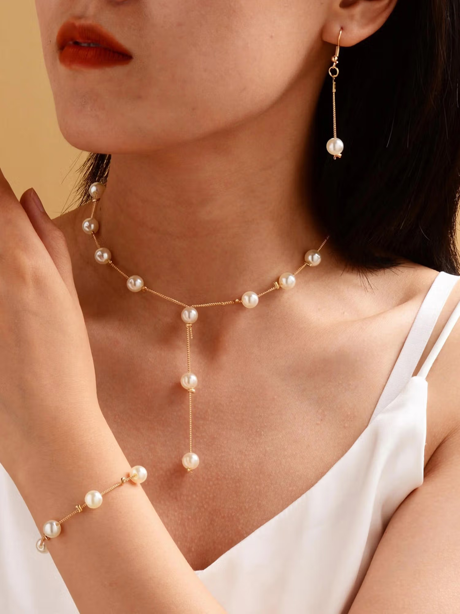 Jewels Galaxy Gold Plated White Pearl Studded Multi-Piece Single-Strand Jewellery Set