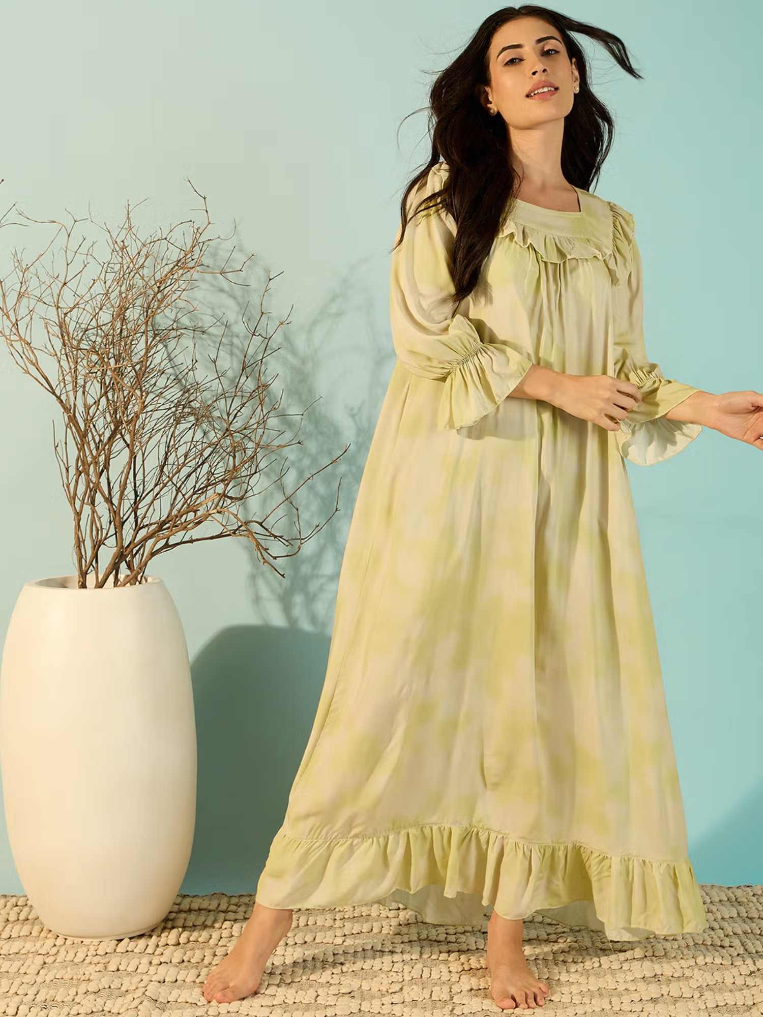 The Kaftan Company Pastel Yellow Soft Frill Luxury Nightdress