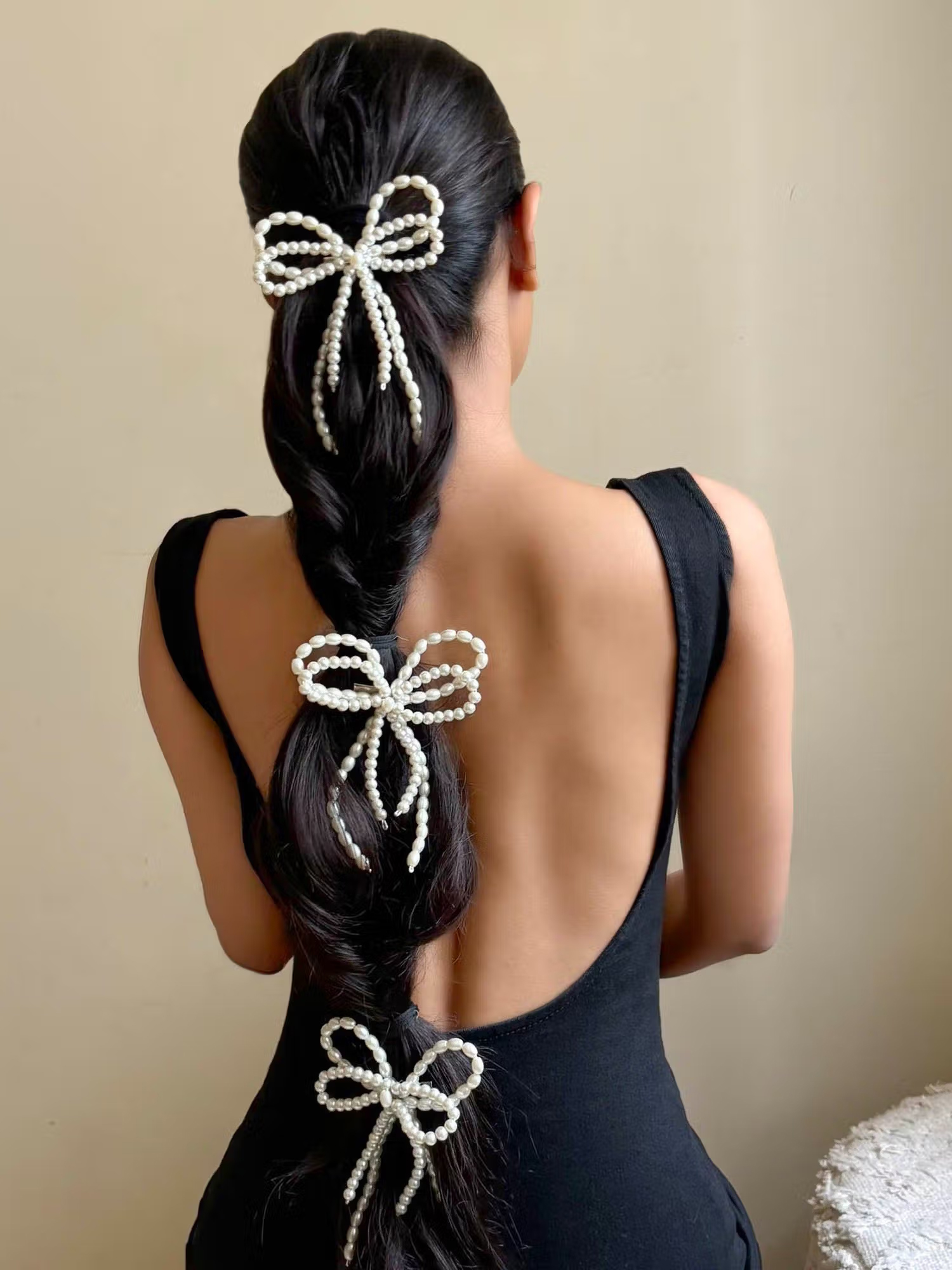 Hair Drama Co. Embellished Pearl Hair Bow Alligator Clip - Off-White