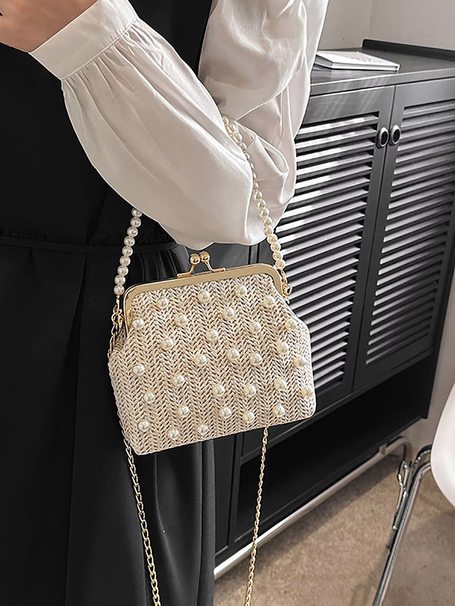 Styli Womens Beige Faux Pearl Clutch Bag With Chain Strap