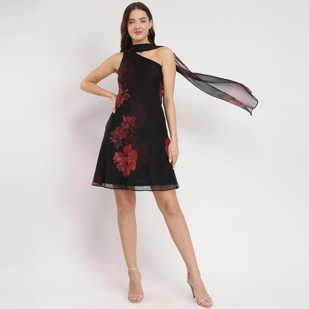 Scarf Detail A-Line Floral Dress - Black