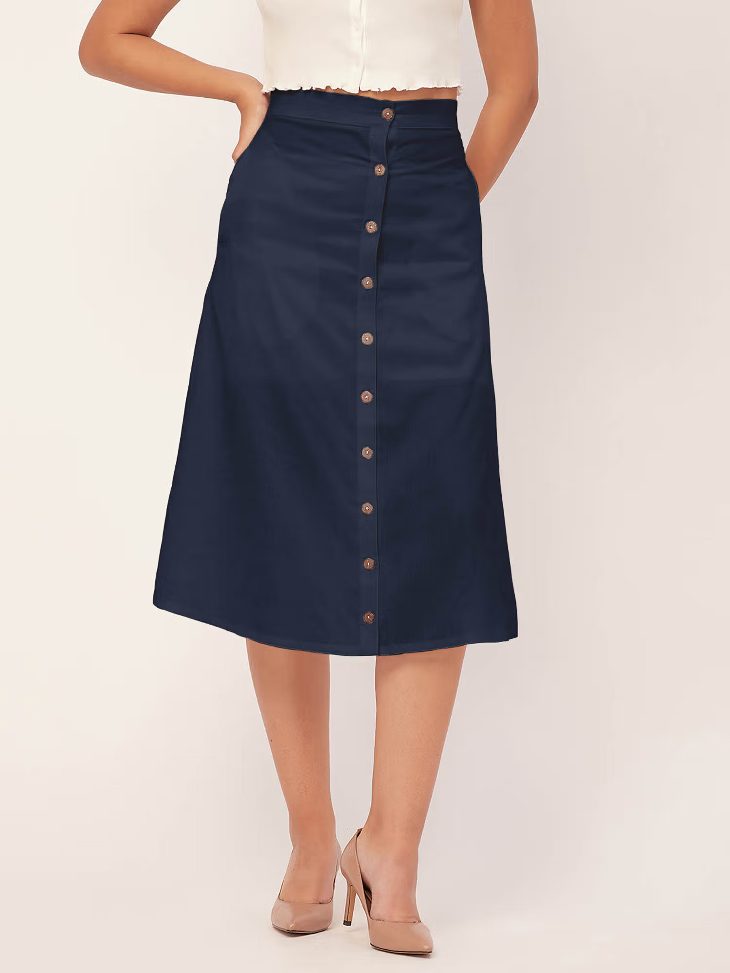 Blue Front Button A-Line Midi Skirt