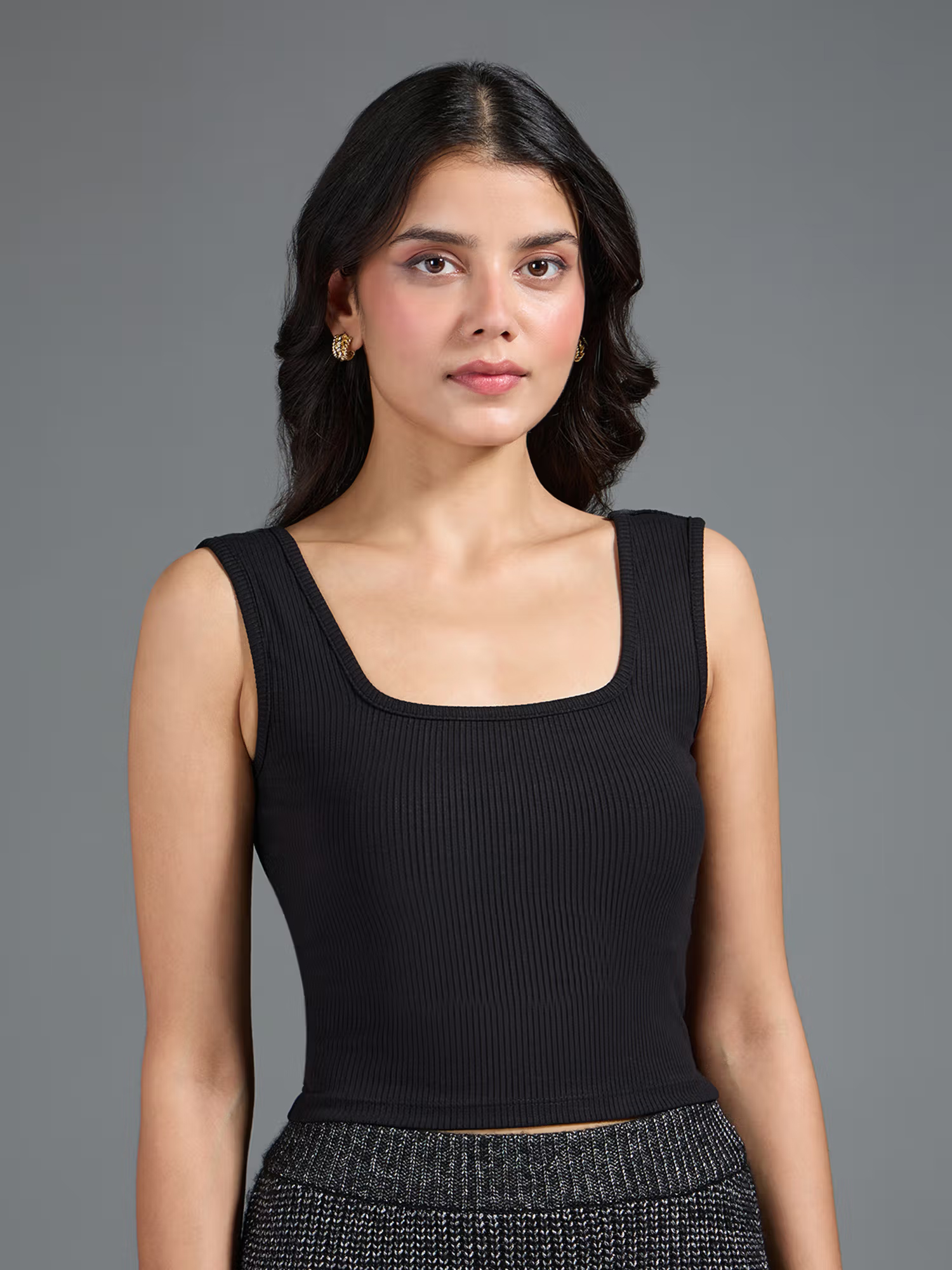 Basics Black Solid Square Neck Sleeveless Ribbed Top
