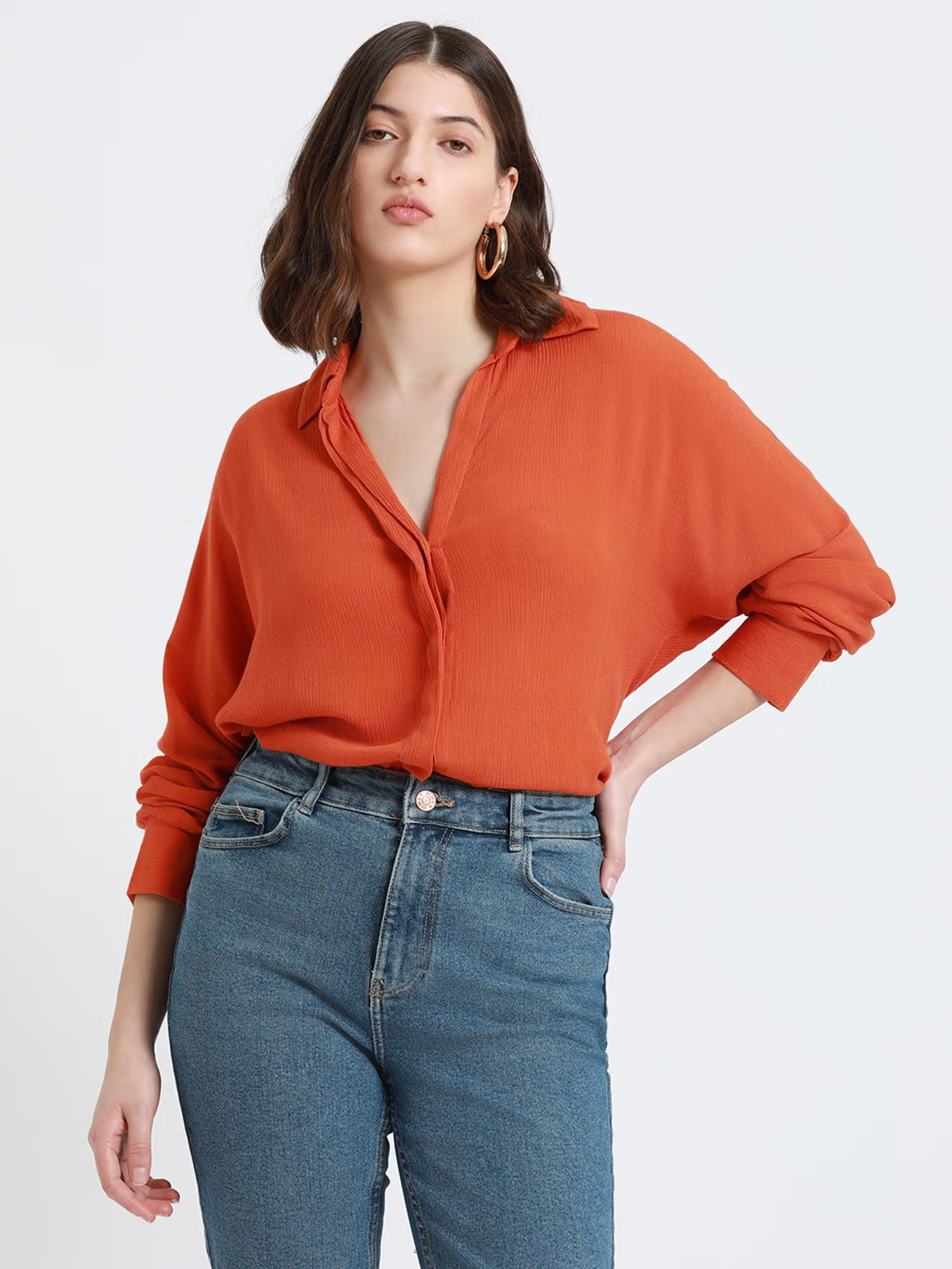 Rust Full Sleeves Oversized Solid Casual Shirt