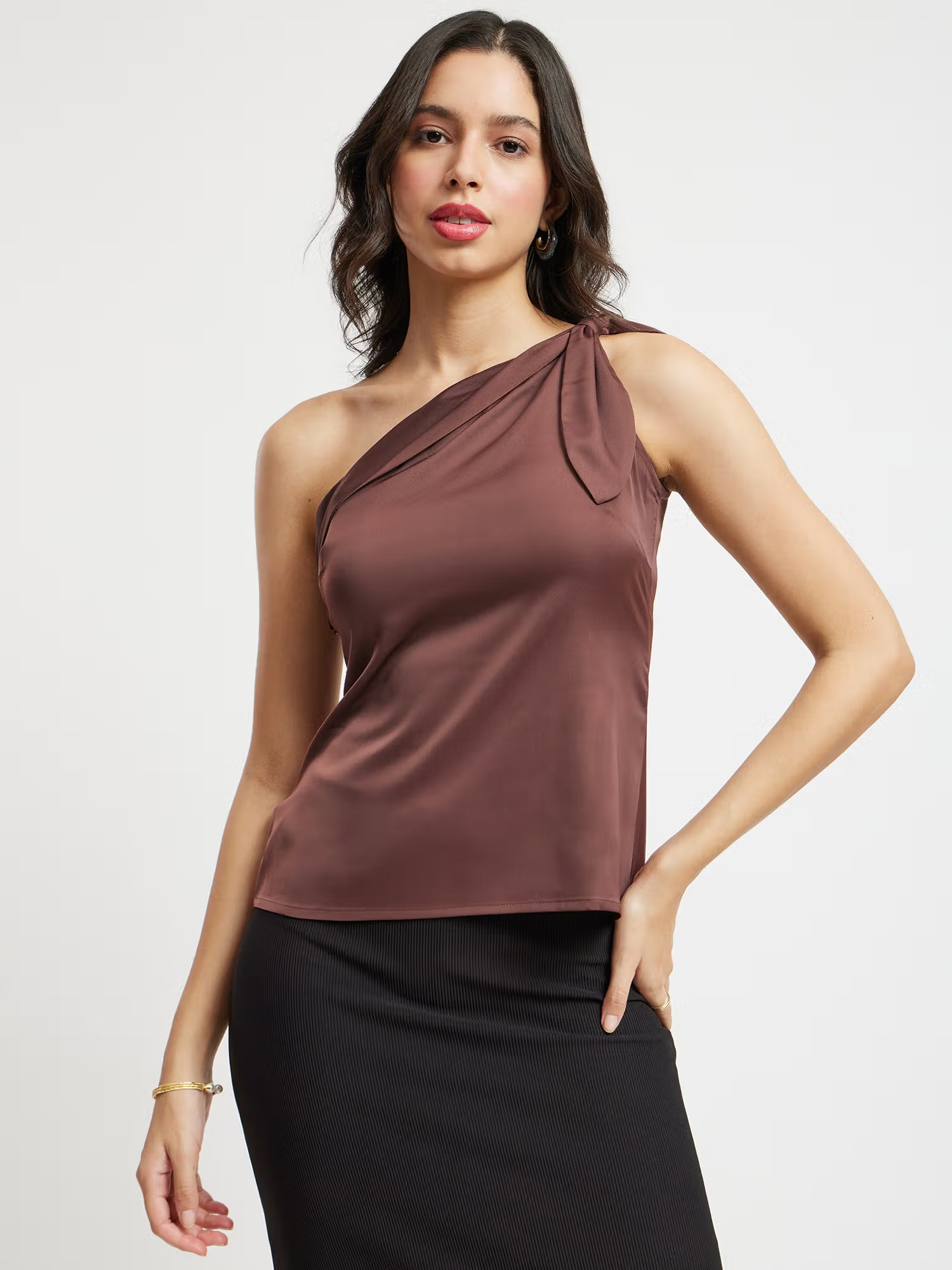 FableStreet Satin Shoulder Bow Tie Top - Brown