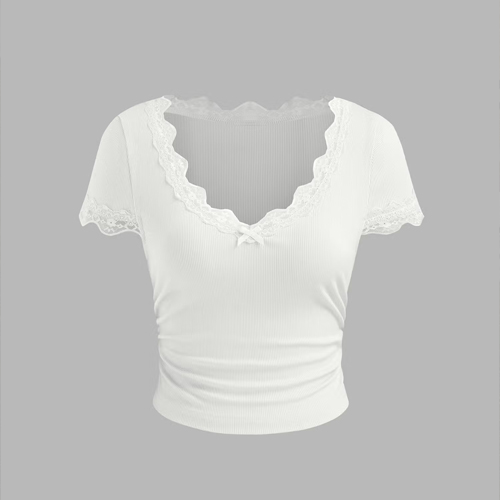 Cider V-Neck Solid Lace Trim Bowknot Ruched Crop Short Sleeve Top