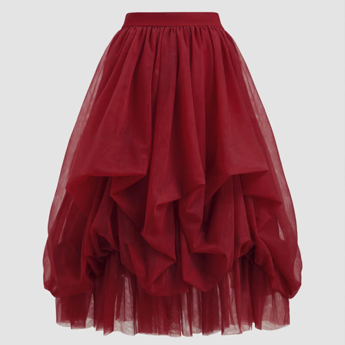 Cider Mesh Mid Rise Ruffle Tulle Maxi Skirt