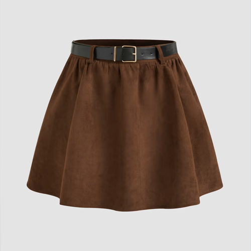 Cider Suede Mid Rise Solid Ruffle Mini Skirt With Belt