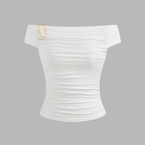 Cider Off-Shoulder Solid Ruched Buckle Short Sleeve Top